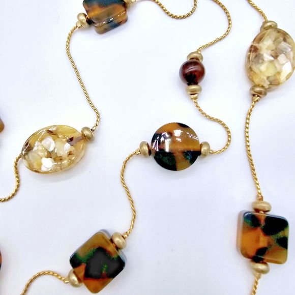 Abalone Chip Station Necklace Faux Tortoise MOP Multi Layer Statement Jewelry - Picture 2 of 10